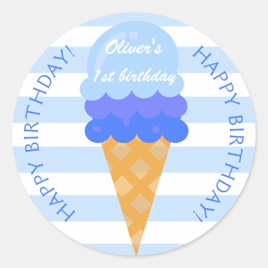 Sticker Rond Crème glacée sucrée 1er anniversaire garçon bleu (Devant)