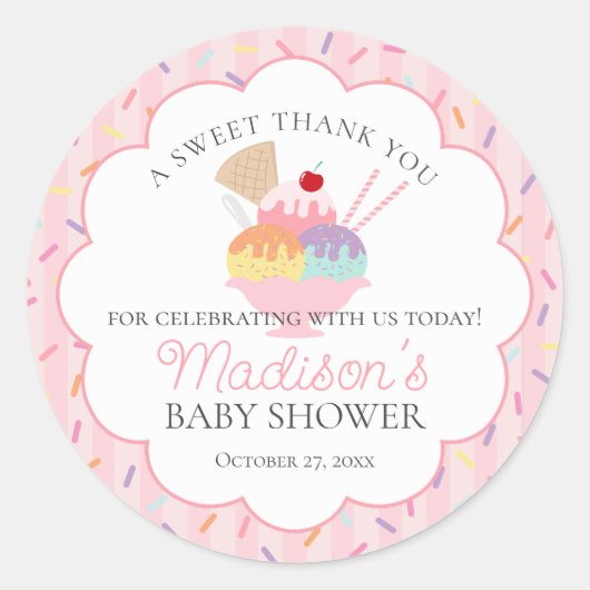 Sticker Rond Crème glacée Sundae Parsemé de Baby shower d'amour (Devant)