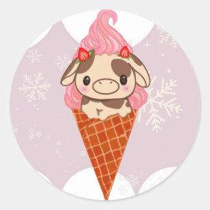 Sticker Rond Crème glacée Vache Conne sucré fraise neige hiver