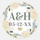 Sticker Rond Crème Or Floral Verdure Coeur Mariage Monogramme (Devant)