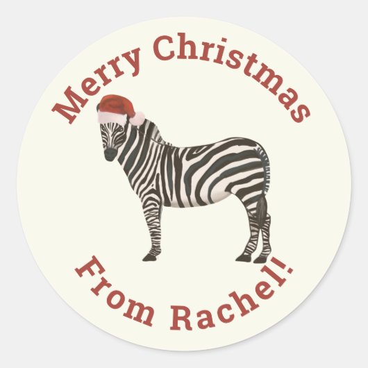 Sticker Rond Crème personnalisée Joyeux Noël Père Noël Zebra (Devant)