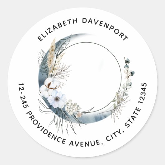 Sticker Rond Crescent Bleu Lune avec Fleurs Blanches Adresse (Devant)