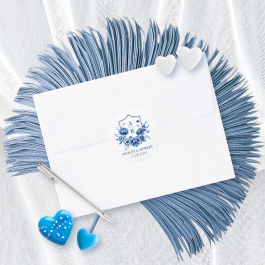 Sticker Rond Crest et initiales florales bleu mariage