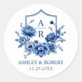 Sticker Rond Crest et initiales florales bleu mariage (Devant)