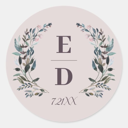 Sticker Rond Crest jardin | Mauve violet Mariage Monogram Date (Devant)