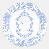 Sticker Rond Crest Monogram Delft Blue Floral Wedding (Devant)
