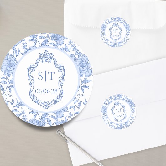Sticker Rond Crest Monogram Delft Blue Floral Wedding