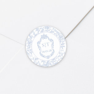 Sticker Rond Crest Monogram Fleurs Bleu Poussiéreux Mariage
