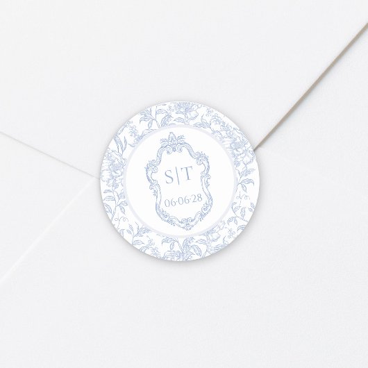 Sticker Rond Crest Monogram Fleurs Bleu Poussiéreux Mariage