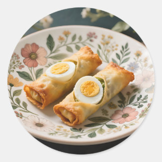 Sticker Rond Crispy Egg Rolls on Floral Plate