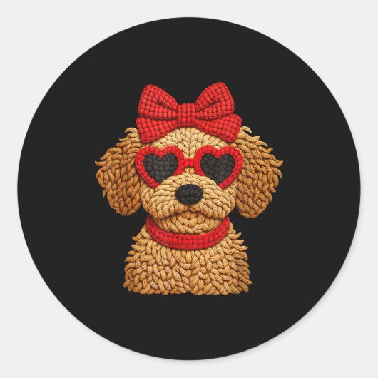 Sticker Rond Crochet Puppy Heart Sungles Red Bow Valentines Day (Devant)
