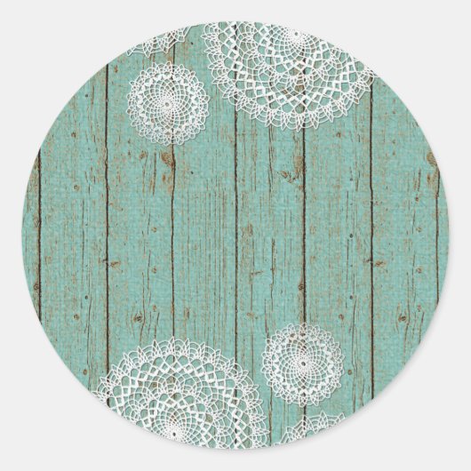 Sticker Rond Crochet rustique sur Turquoise Ferme Bois (Devant)