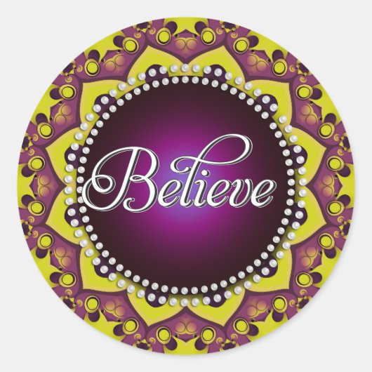 Sticker Rond Croire : Inspirer : Cercle Mandala jaune violet (Devant)