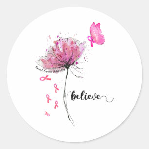Sticker Rond Croire le papillon des fleurs rose Ribbon cancer d