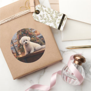 Sticker Rond Croisière de Noël de Bichon Frise : Pawsome Holida