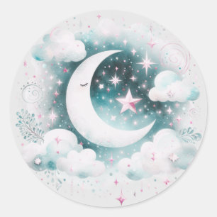 Sticker Rond Croissant de Lune Céleste Bleu et Blanc Bohème Mod