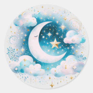 Sticker Rond Croissant de Lune Céleste Bleu et Blanc Bohème Mod