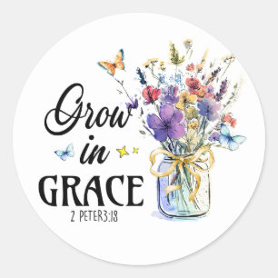 Sticker Rond Croître dans la grâce Biblique chrétienne Floral