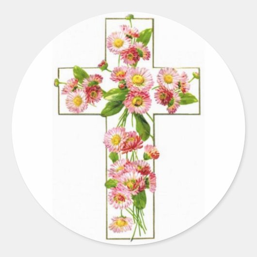 Sticker Rond Croix blanche aux fleurs roses (Devant)