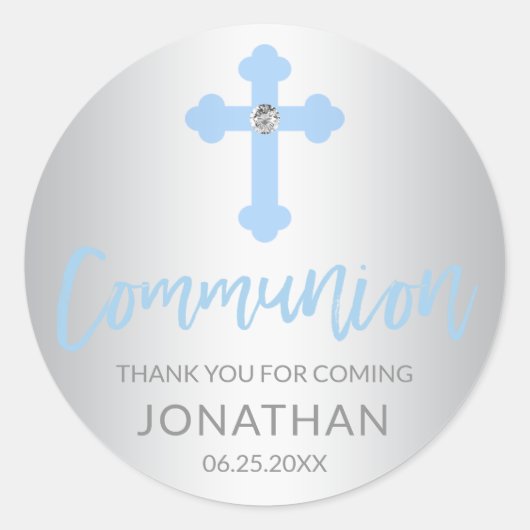 Sticker Rond Croix Bleue d'argent moderne COMMUNION Merci garço (Devant)