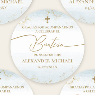 Sticker Rond Croix Bleue Garçon Merci Baptême Bautizo