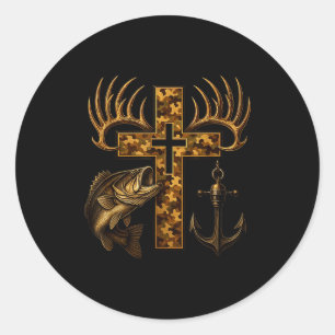 Sticker Rond Croix camouflage chrétienne de foi pour pêcheurs e
