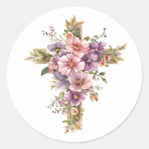 Sticker Rond Croix catholique dessin floral religieux chrétien 