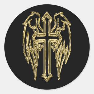 Sticker Rond Croix catholique d'or avec ailes