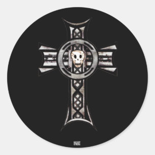 Sticker Rond Croix celtique et crâne (argent)
