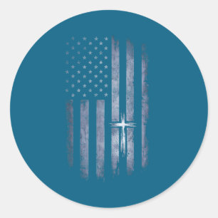 Sticker Rond Croix chrétienne Drapeau américain Grunge