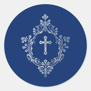Sticker Rond Croix dans un blason Royal Bleu Faux Argent  Relig
