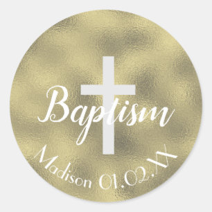 Sticker Rond Croix de baptême en faux or minimaliste au nom de 