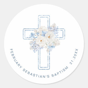 Sticker Rond Croix de baptême florale bleue