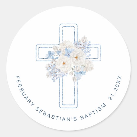 Sticker Rond Croix de baptême florale bleue (Devant)