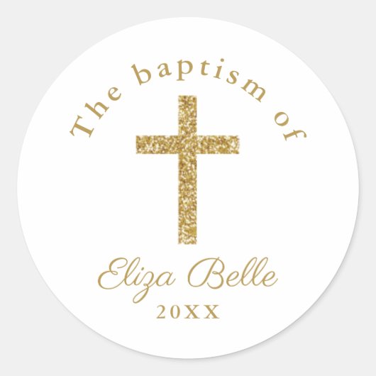 Sticker Rond Croix de baptême pailletée or classique (Devant)