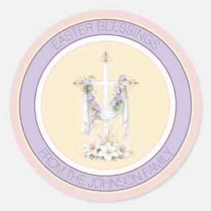 Sticker Rond Croix de bénédictions de Pâques avec lys