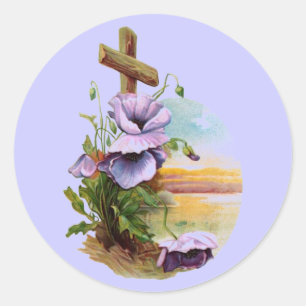 Sticker Rond Croix De Bois Aux Fleurs Violettes