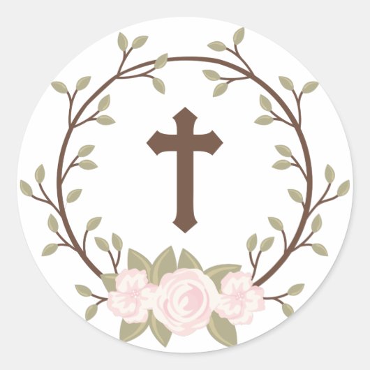 Sticker Rond Croix de couronne rose pâle Baptême Christening (Devant)