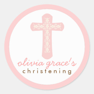 Sticker Rond Croix de fête religieuse rose douce