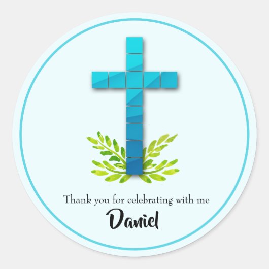 Sticker Rond Croix de la première communion en bleu (Devant)