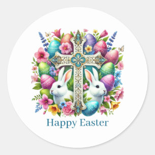 Sticker Rond Croix de Pâques heureuse mignonne 