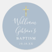 Sticker Rond Croix d'or Baptême Christening Dusty Blue (Devant)