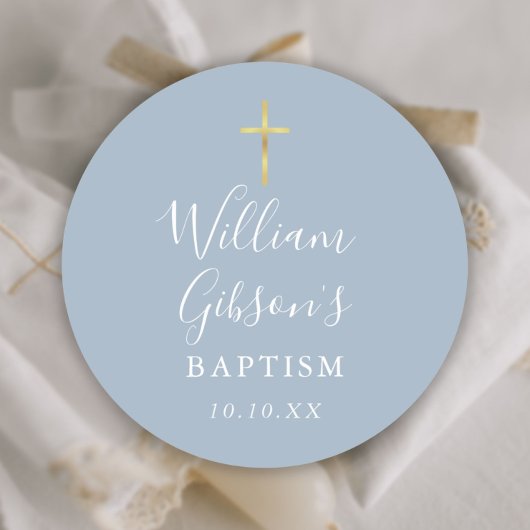 Sticker Rond Croix d'or Baptême Christening Dusty Blue