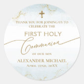 Sticker Rond Croix d'or bleu garçon Première communion sainte (Devant)