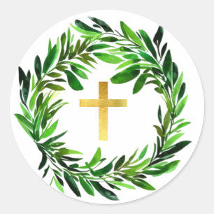 Sticker Rond Croix d'or de Faux dans la verdure Wreath Vert rel