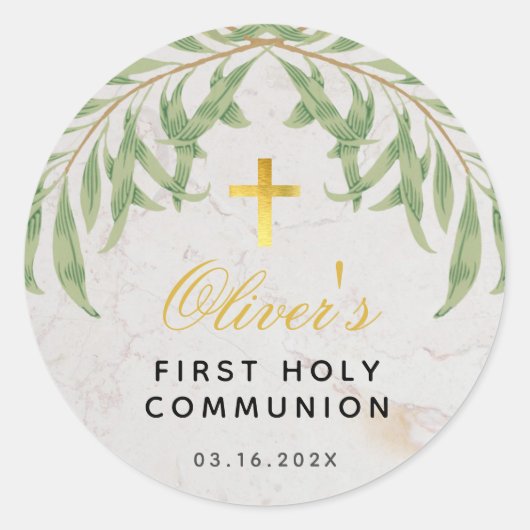 Sticker Rond Croix d'or Faux marbre de première communion (Devant)