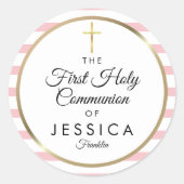 Sticker Rond Croix d'or Pink Stripe première sainte Communion (Devant)