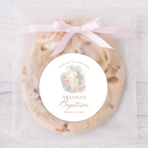 Sticker Rond Croix d'or rose Floral Elégant Aquarelle Baptême