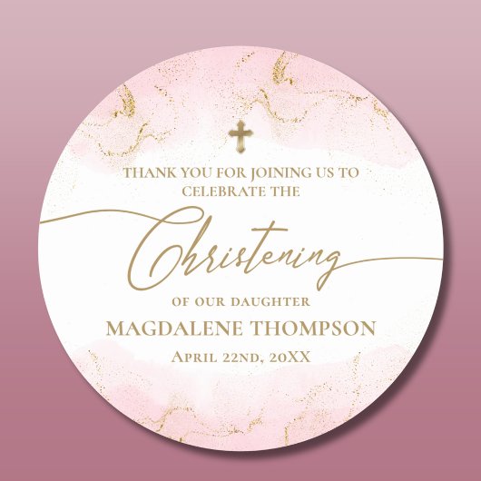 Sticker Rond Croix d'or rose moderne Christening