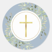 Sticker Rond Croix d'or simple Aquarelle Verdure Dusty Blue (Devant)